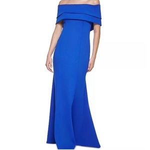 Vince Camuto Off the Shoulder Gown Dress Double Organza Collar Cobalt Blue 8